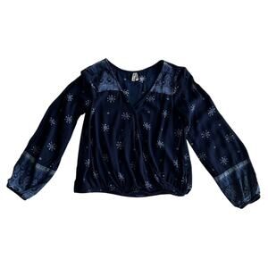 Mudd Top Women's Blue Print Wrap Size XS Long Sleeve Boho